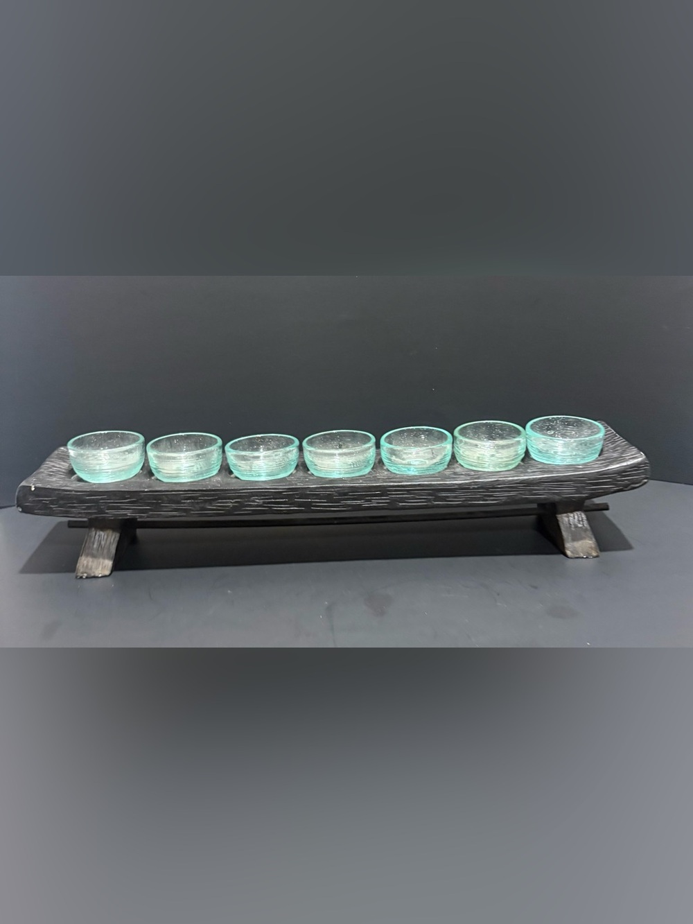 Element Aqua Glass Votive Set on Dark Wood Tray